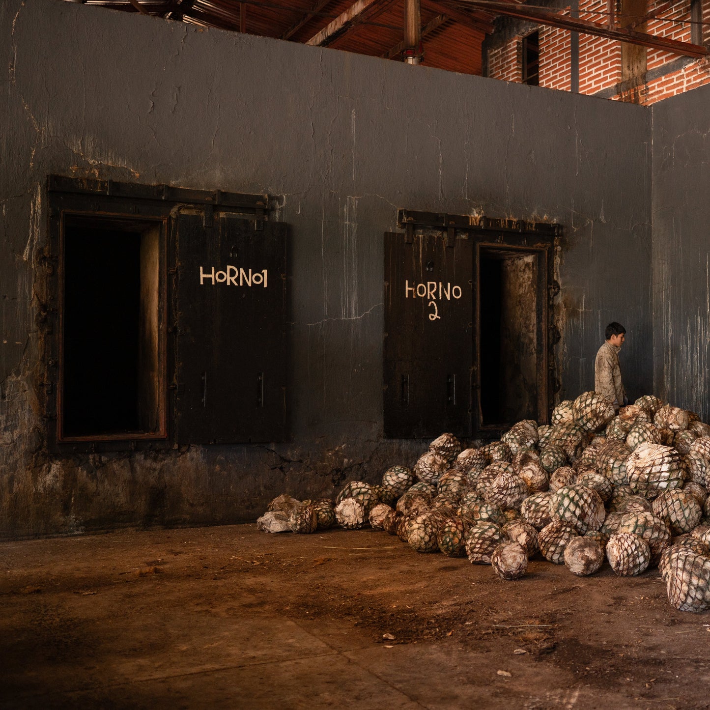 Agave pinas stacked in front of roasting ovens