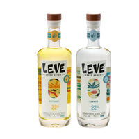 Bottles of Leve Blanco and Reposado agave spirit on a white background